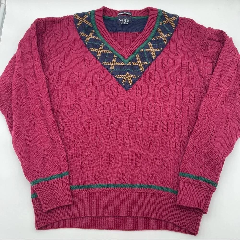 Vintage Gant Hand Framed Maroon Cable Knit V-Neck Sweater Size Medium Adult 90s